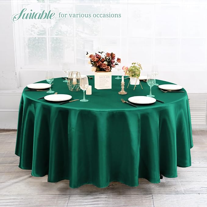 12 Pack 108 Inch Round Tablecloth, Hunter Green Satin Fabric Table Cloth for Round Tables, Wrinkle Resistant Washable TableCover Bright Silk Table Clothes for Wedding Party Dining Tables Banquet