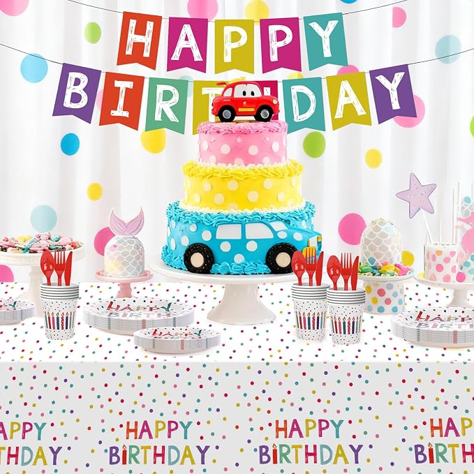 203 Pcs Happy Birthday Decorations: Party Supplies Set with Dots Design- Includes Disposable Paper Birthday Plates and Napkins, Cups, Tablecloth, and Banner for Boys/Girls, Serves 25