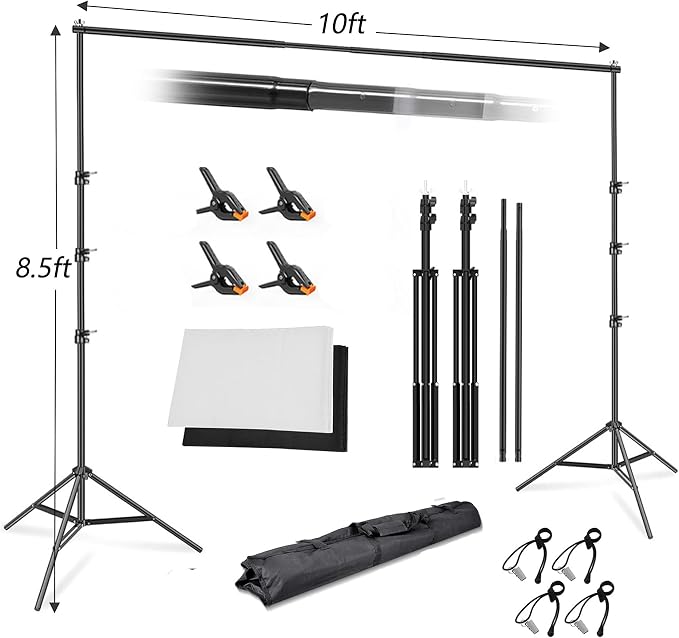 8.5x10ft Background Stand with 6.5x10ft White and Black Chromakey Backdrop Screen, Adjustable Background Holder Support System Kit, Clamp for Photography Video Studio Portrait Product Shooting