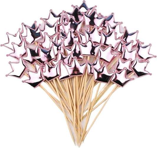 Fruit Skewers 100pcs Cake Decorations Shimmering Skin-Tone Reflective Hearts Five-Pointed Star Crowns Birthday Dessert Table Baking Wedding Party(Crown Pink)