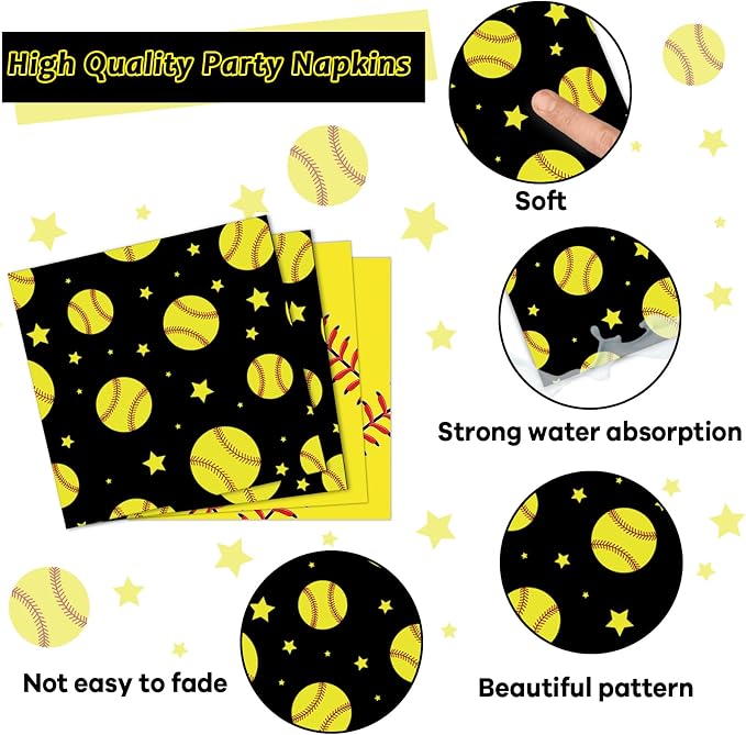 96Pcs Softball Birthday Party Decorations Paper Plates and Napkins Sets Sports Theme Dessert Disposable Tableware Black Yellow Softball Plates Supplies Team Sport Party Gifts Favors for 24 Guests