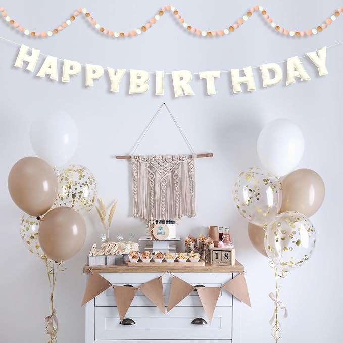 Mindsoft 2 Pcs 9.83ft Pre Strung 3D Happy Birthday Felt Fabric Banner with Ball Garland Reusable Pom Pom Garland for Birthday Party Decorations Sign Photo Prop Boys Girls(Bohemia Color)
