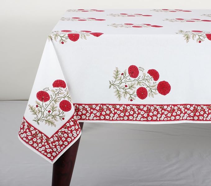 Ridhi Falum Red Hand Block Print Cotton Rectangle Tablecloth 160" x 72" inches Reusable Table Cover Decorative Everyday Use for Dining Room, Farmhouse, Home Gift for Spring, Mother's Day