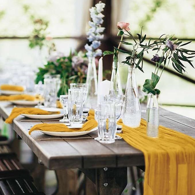 20 Pack Cheesecloth Table Runner 17 x 108 inch Long Boho Gauze Table Runners Semi Sheer Table Runner for Wedding Decor, Baby Shower, Birthday Party, Banquet (Gold)