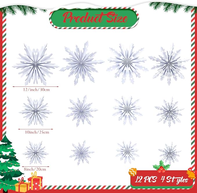 Fuyoooo 12 Pcs Snowflakes Hanging Decorations Blue Purple White Paper Fans Hollow Snowflakes Ceiling Hangings Decor Ice Birthday Fans Decor for Wedding Birthday Holiday Party Decoration(White)