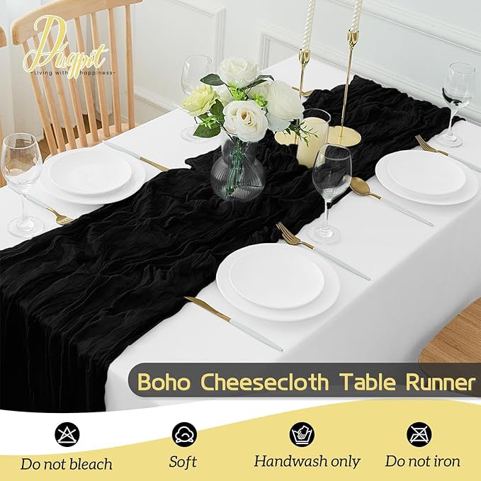 16Pack Black Table Runner 10FT Black Cheesecloth Table Runner 35x120Inch Long Boho Cheese Cloth Table Runners Rustic Gauze Table Runners for Party Wedding Table Decor