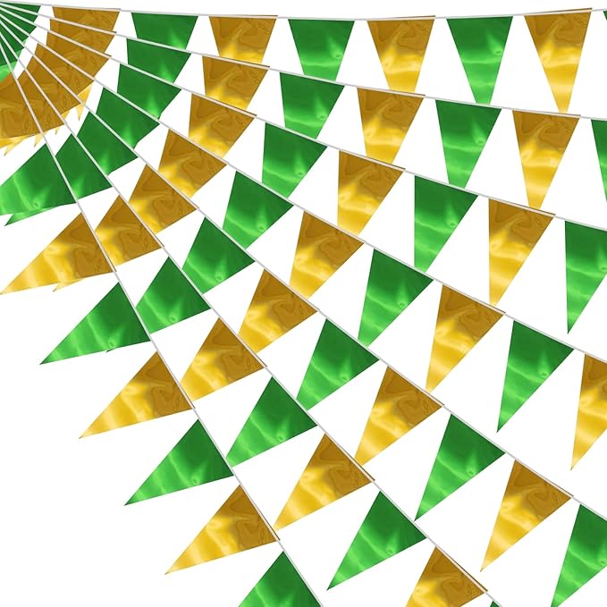40M/130FT Green Gold Triangle Pennant Banner Flag Metallic Fabric Bunting Garland for Christmas Graduation Wedding Engagement Anniversary Bachelorette Birthday Bridal Shower Hen Party Supplies