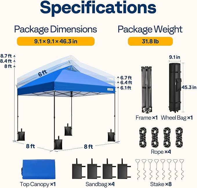 VIVOHOME 8x8ft Pop Up Canopy Tent One Push Setup Outdoor Portable Shelter Tent Heavy Duty with Wheel Carry Bag and 4 Sandbags, Blue
