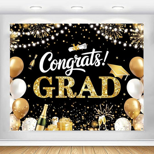 Graduation Backdrop 10x8ft Black and Gold Congrats Grad Banner Large Congratulations Class of 2026 Party Decorations Graduate Prom Background Decor Supplies for High School College