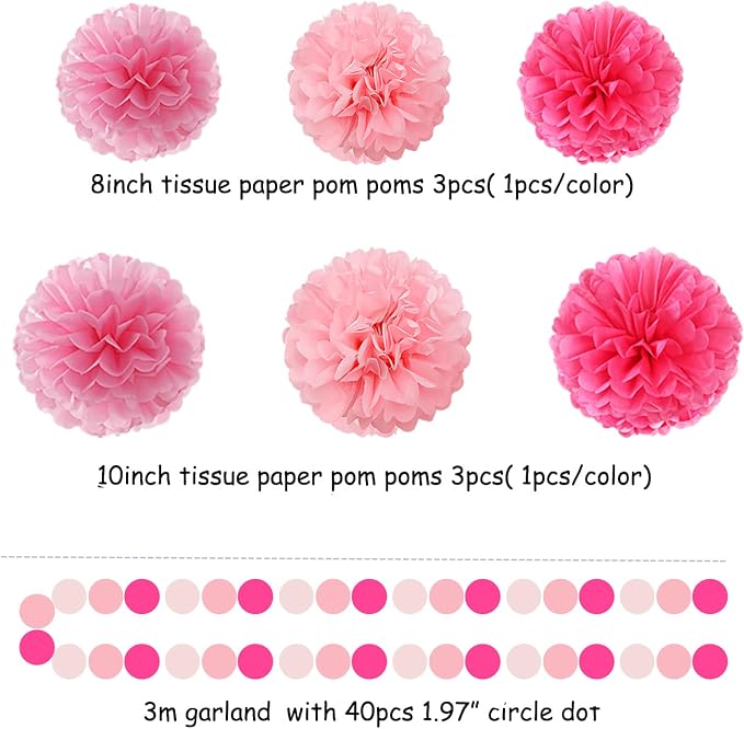 Galentines Valentines-Day Hot-Pink Party-Decorations - 23pcs Girl Birthday Baby Shower Tissue Pom Poms Streamers, Bachelorette Bridal Wedding Engagement Supplies Tassel Garland Banner Decor Ouruola