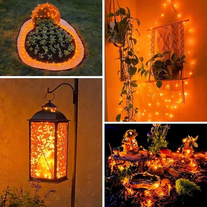 QITONG 4 Pack Solar Halloween Lights, Each 33ft 100 LED Orange Fairy Light Outdoor Waterproof, 8 Modes Silver Wire Christmas Twinkle Mini String Lights