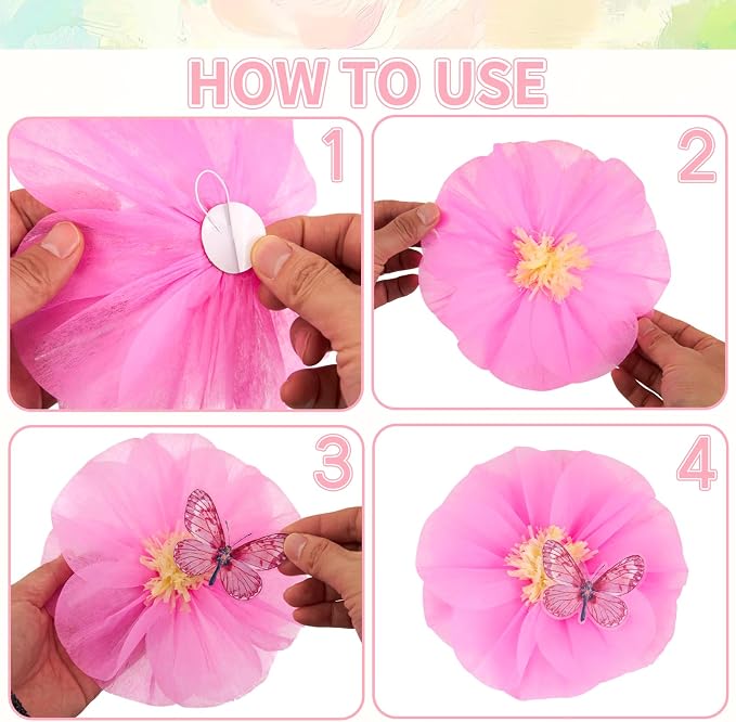 Large Paper Flower Decorations with 3D Butterfly Stickers Pink Yellow Giant Tissue Paper Flowers Pastel Flowers Butterfly Party Decoration for Spring Garden Girls Women Birthday Wedding Party