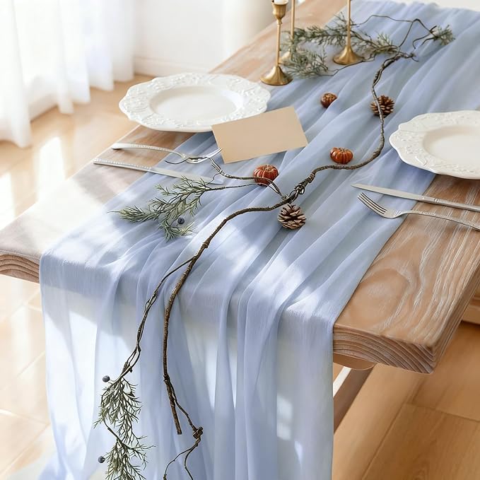 Soft Dusty Blue Shimmery Chiffon Table Runner 35x120 Inches 12 Pack Bulk for Thanksgiving Christmas Bulk Party Table Decor