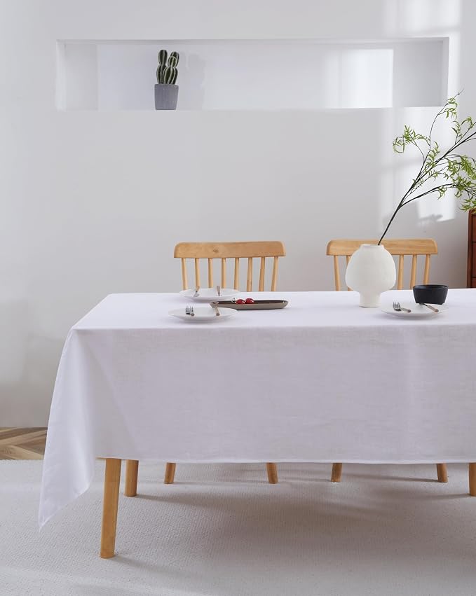 100% French Flax Linen Tablecloths Rectangle 144Lx60W Inch for Dinners, Parties, Easter, Halloween, Camping, Machine Washable, 12-14 Sets (60''x144'', White)