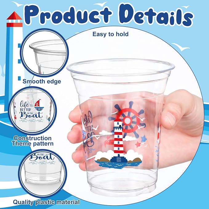 FoldTier 50 Pcs Nautical Cups 12 oz Plastic Nautical Birthday Cups Clear Navigation Disposable Glasses Blue Anchor Beverage Glasses for Home Kitchen Birthday Party Favors Supplies Decoration