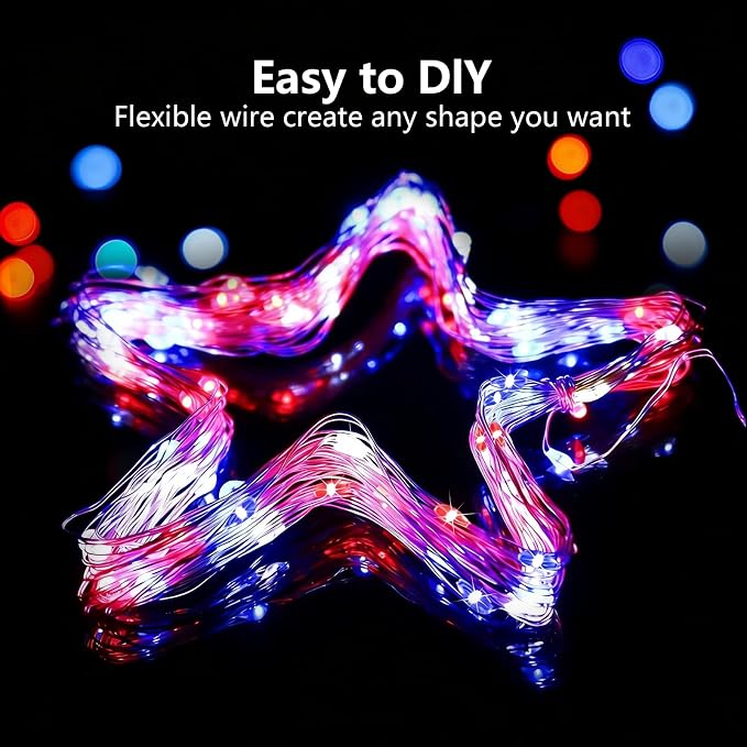 YEGUO 8 Pack Fairy Lights Battery Operated, Each 16ft 50 LED 4th of July Lights, 2 Modes Christmas Lights for Outside Patio Yard Tree Decorations(Red White and Blue)