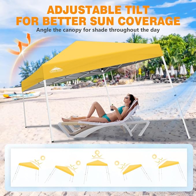EAGLE PEAK 10x10 Slant Leg Pop-up Canopy Tent Easy One Person Setup Instant Outdoor Beach Canopy Folding Portable Sports Shelter 10x10 Base 8x8 Top (Yellow)