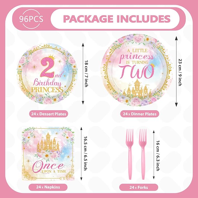 96Pcs Princess 2nd Birthday Party Decorations for Girls A Little Princess Is Turning Two Plates and Napkins Sets Pink Castle Once Upon a Time Decoration for Two Year Old Bday Party Supplies Serves 24