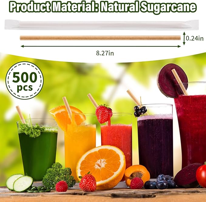 Potchen 500 Pcs Individually Wrapped Sugarcane Straws 8" Biodegradable Plastic Compostable Disposable Drinking Straws for Smoothie Drinks Parties Restaurants Home