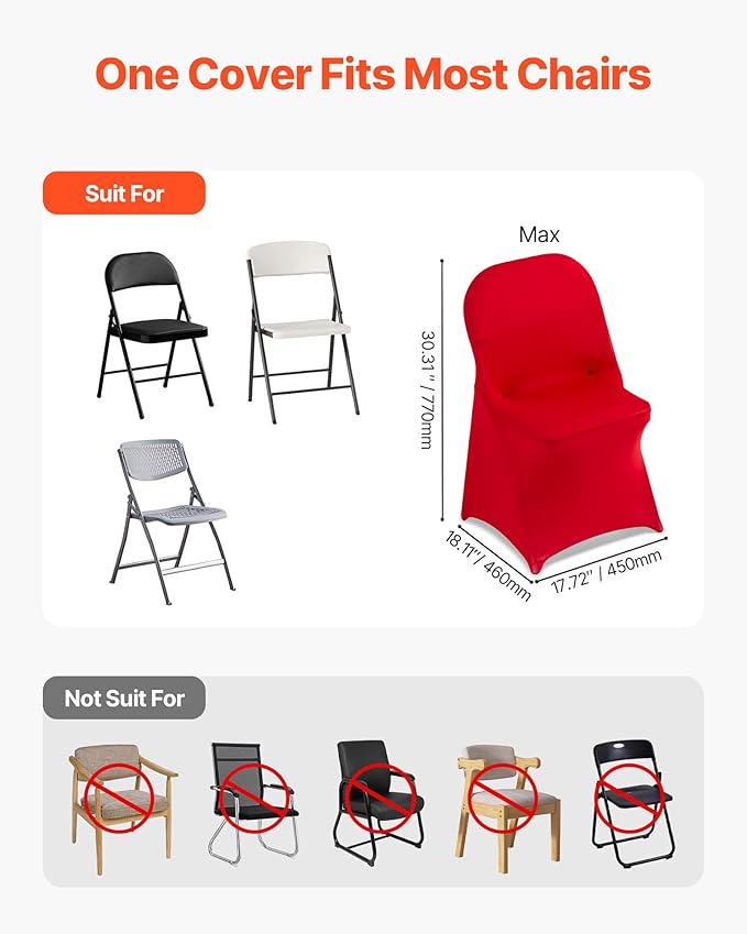VEVOR Chair Covers, Polyester Spandex Chair Cover, Stretch Slipcovers for Wedding Party Dining Banquet Flat-Front Chair Covers (Red-c, 50PCS)