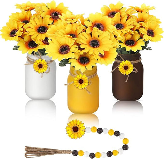 Karenhi 13 Pcs Spring Summer Mason Jar Table Decor Sunflower Centerpieces for Spring Tiered Tray Table Office Home Kitchen Indoor Decor(Bright Sunflower)