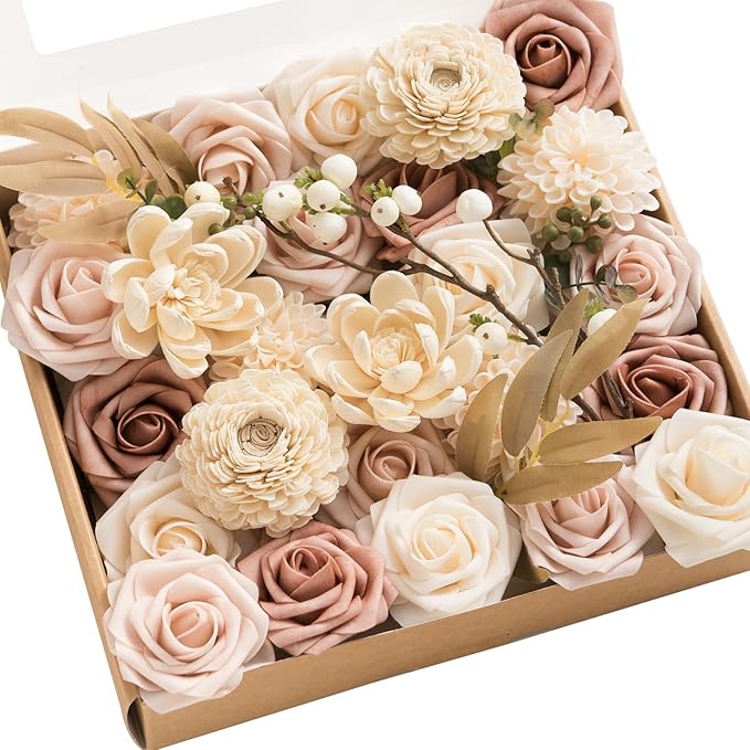 Ling's moment Fake Flowers Box, Faux Artificial Greenery Stems Foam Dahlia Roses Silk Willow Fabic Flower for Centerpieces Bouquet Wedding Vase Decorations, Dusty Rose & Cream & Blush, Grand Combo