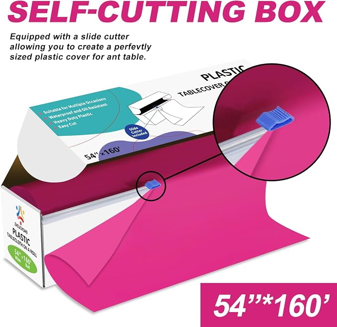 54IN X 160FT Plastic Table Cover Roll with Cutter Box, Cut to Size Plastic Table Cloths for Parties, Birthday, Disposable Tablecloth Roll for All Shape Tables (Fuchsia, 54 Inch X 160 Feet)