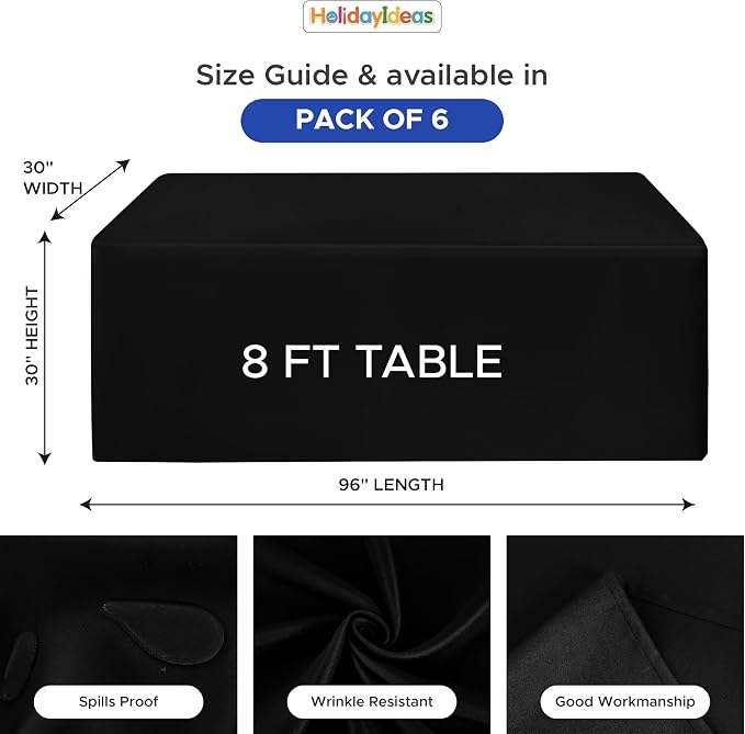 HolidayIdeas 6-Pack 8ft Black Rectangle Craft Shows Fitted Tablecloth | Wrinkle resistant table covers; bulk quantity pack for professional trade exhibition displays or vendor booths