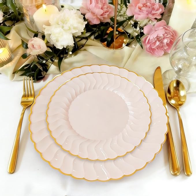 Pink Disposable Plastic Plates 125pcs Scalloped Gold Rim for 25 Guests | Includes 25 Dinner and Dessert Plates 75 Gold Cutlery Elegant Tableware for Wedding Birthday Baby Shower Valentine Parties