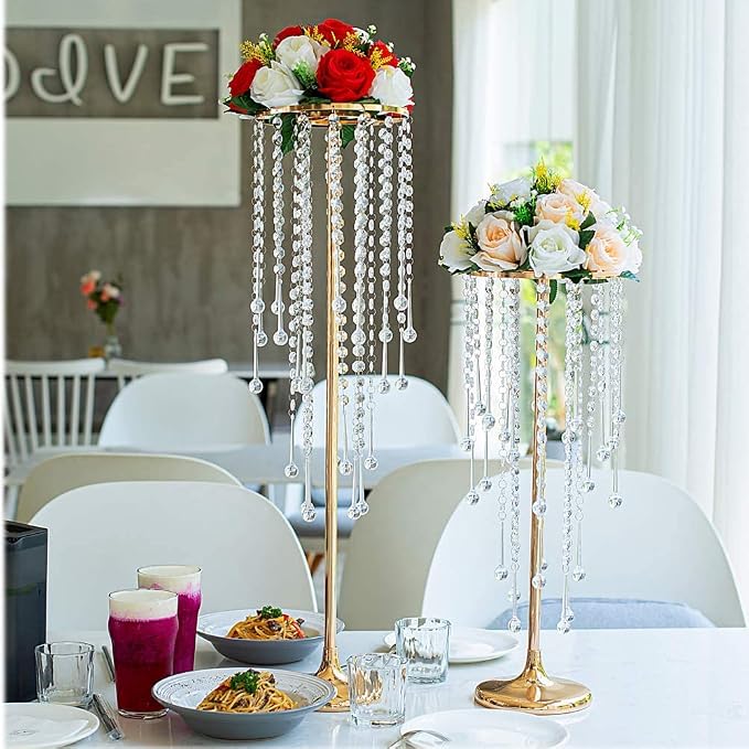 2Pcs 29.5 inches Gold Flower Vases with Chandelier Crystal Wedding Centerpieces for Tables, Gold Metal Flower Stand Arrangement, Bulk Metal Centerpieces Vases for Party Reception Ceremony Decoration