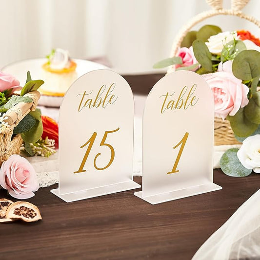 SHINVALE Arch Acrylic Wedding Table Numbers with Gold Foil Font – Frosted Finish, Elegant Modern Design with Stands, Easy Assembly Table Signs for Weddings, Parties & Events (15, 5" x 7")