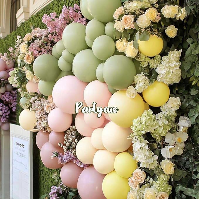 Pink Green Yellow Balloon Arch Double Stuffed, Dusty Green Light Yellow Mauve Ivory Pastel Balloon Garland Kit for Baby Shower Birthday Bridal Wedding Flower Mothers Day Party Decoration