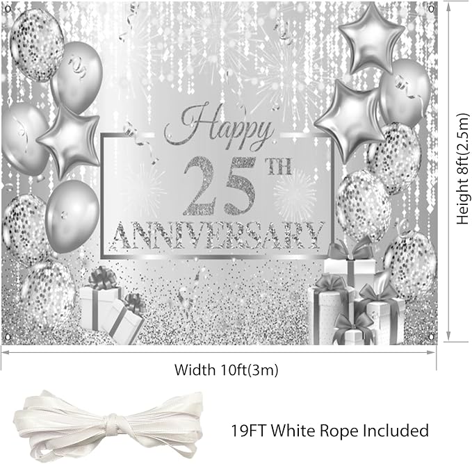 AOFOTO Happy 25th Anniversary Backdrop Glitter Grey Spots Ballons Printed Photography Background 25 Years Wedding Anniversary Party Home Wall Decor Supplies Banner Portrait Photo Studio Props 10x8ft