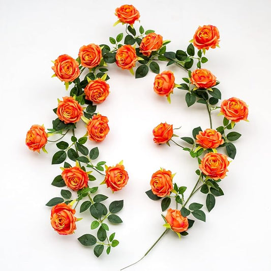 Bendable Artificial Flower Garland Faux Rose Vine Hanging Floral Garland for Wall Decor Trellis Fence Home Room Garden Wedding Decoration(Orange, 1pcs)