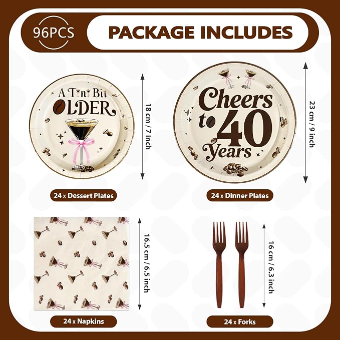 96Pcs Espresso Martini 40th Birthday Decorations Cheers to 40 Years Plates and Napkins Disposable Espresso Martini 40th Paper Tableware Sets for Women Cheers to 40 Birthday Party Supplies, Serves 24