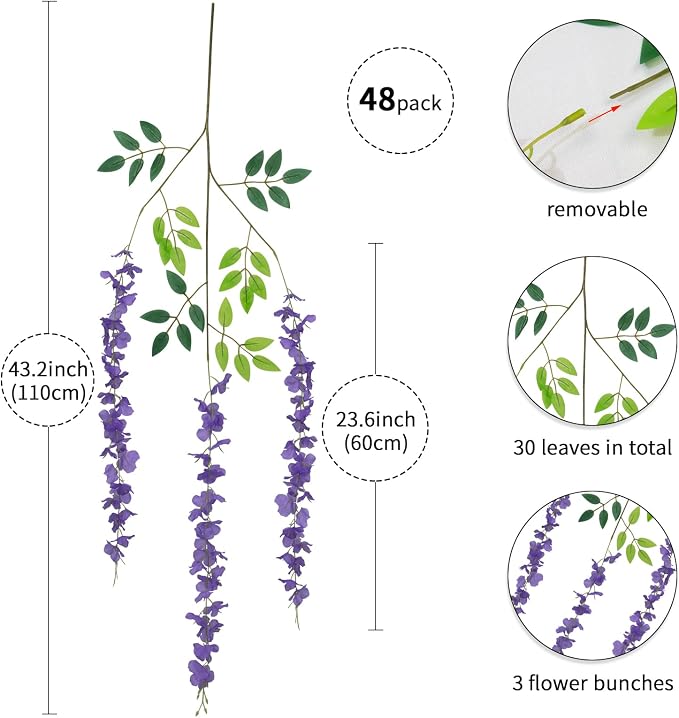 48 Pack Artificial Wisteria Hanging Flowers Fake Wisteria Flower Garland Silk Vines Rattan Decor for Home Wedding Arch Wall Garden Greenery Bedroom Outdoor Office Party Decoration (Purple)