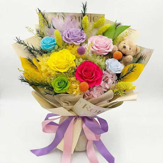 Preserved Bouquet with Bear: Big Flowers Big Love-Romantic Graduation Gifts for Her-Daughter Girlfriend Wife Mom-Flowers for Delivery Prime on Birthday Valentines Anniversary (Dopamine 1)