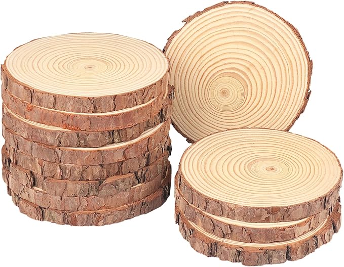 12 PCS 6.3-7.1 Inch Natural Wood Slices, Unfinished Pine Wood Circles with Barks for Coasters, DIY Crafts, Christmas Rustic Wedding Ornaments and Centerpieces,by GNIEMCKIN.