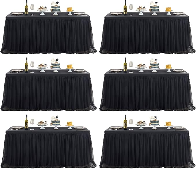 familus Black Table Cloths 8 Foot Rectangle 6 Pack Stretch Ruffle Tulle Tablecloth Spandex Fitted Table Cover for 8 Foot Tulle Table Skirts for Party Wedding Table Cloths, Banquets