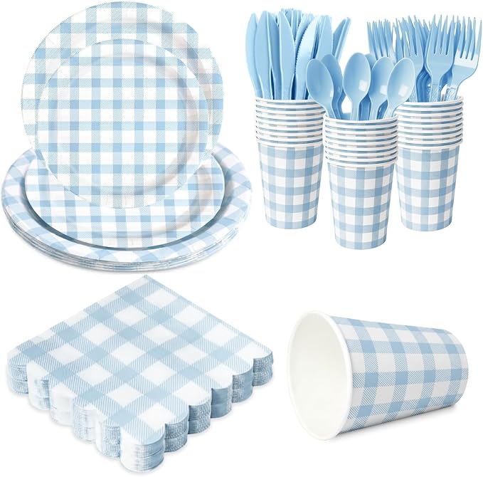 LINHAXM 175 PCS Blue Gingham Party Supplies for 25 Guests Includes Light Blue Gingham Paper Plates, Cups, Napkins, Cutlery for Dinner Wedding Bridal Shower Birthday Baby Shower Party Decorations