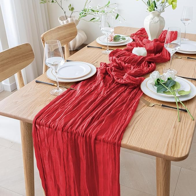 12PCS Table Runner Cheesecloth 10FT Red Boho Gauze Cheese Cloth Rustic Sheer Table Runners for Wedding Birthday Bridal Baby Shower Party Decoration