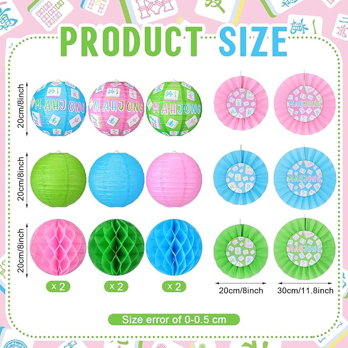 Retisee 18 Pcs Mahjong Party Decorations Mahj Hanging Paper Lanterns Honeycomb Fans Honeycomb Ball for Game Night Mahjong Night Celebrations Party Supplies