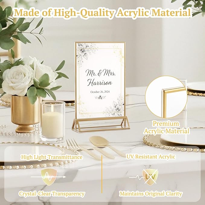 EHWINE 14 Pack 4×6 Clear Acrylic Sign Holder with Gold Borders and Vertical Stand, Double Sided Table Menu Holders Picture Frames for Wedding Table Numbers, Restaurant Signs, Photos and Art Display