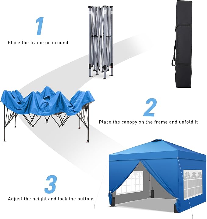 GDY 10x10 Pop Up Canopy Tent with 4 Sidewalls, Easy Set up with One Push Lift Outdoor Silver Coated Beach Gazebos, Carpas with 4 Sandbags, for Events, Parties, and Camping, Blue.