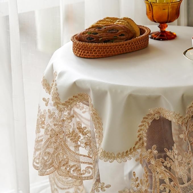 ARTABLE Lace Tablecloth Rectangle Waterproof Table Cover with Exquisite Macrame Border for Wedding Kitchen Holidays Party Decor (Beige, 41 x 41 Inch)