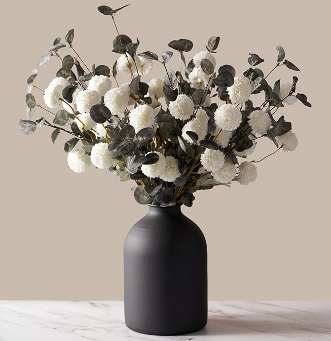 Laelfe 10 Kiku Artificial Flowers + 5 Large Eucalyptus Branches, Silk Fake White Flowers Pompon Mums (Ball Flower Stems) - Decor for Home, Centerpieces & Shower Arrangements(Vase not Included)