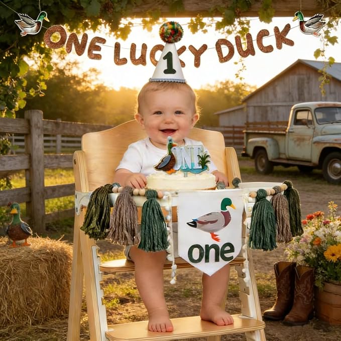 One Lucky Duck 1st Birthday Decorations- Mallard Duck Hunting High Chair Banner，One Lucky Duck Highchair Banner First Birthday with Cake Topper, Party Hat Mallard Duck Birthday Party Supplies