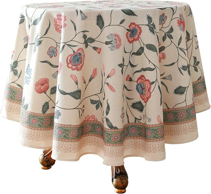 ISAENNE Designer French Linen Round Tablecloth,Diameter 67"-Daffy | Vintage Elegant Table Cloth for Round Table,Floral Pattern,Decoration,Heavyweight,Dining,Kitchen,Tea Party,Thanksgiving