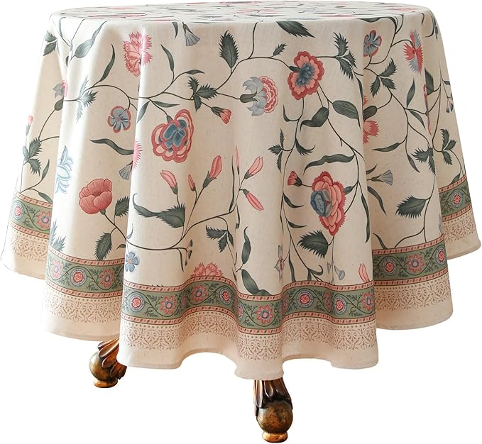 ISAENNE Designer French Linen Round Tablecloth,Diameter 55"-Daffy | Vintage Elegant Table Cloth for Round Table,Floral Pattern,Decoration,Heavyweight,Dining,Kitchen,Tea Party,Thanksgiving