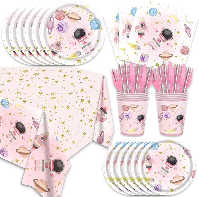141Pcs Pink Outer Space Party Supplies for Girls Baby Shower Birthday Party Decorations Pink Moon Star Outer Space Planet Themed Birthday Plates Napkins Forks Cups Straws Tablecloch Serves 20 Guests